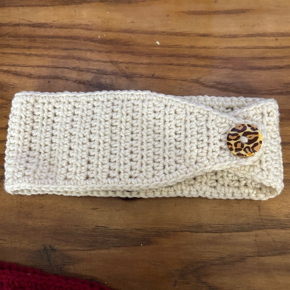 Custom Made handmade Crochet Ear Warmer Headband Set 2 OS Red Cream Flower boho main image 7